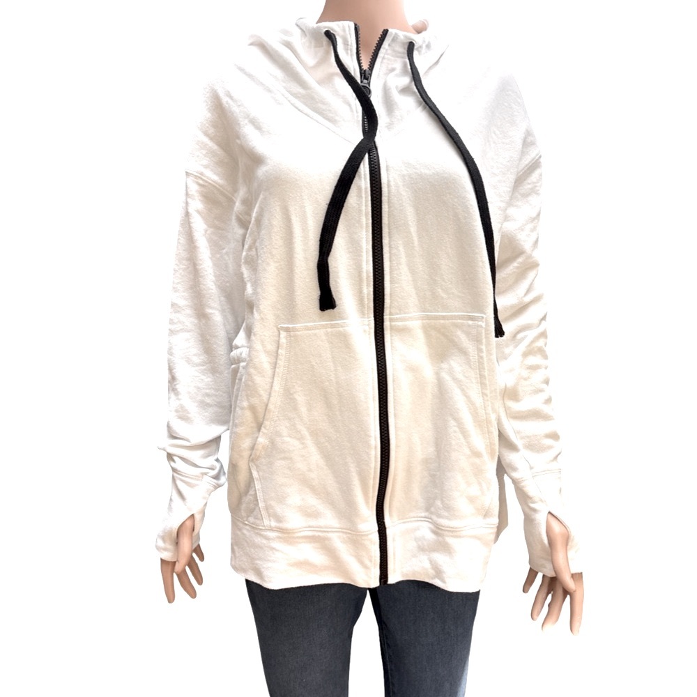 Fabletics White Full Zip-Up Hoodie with Black Drawstrings Small